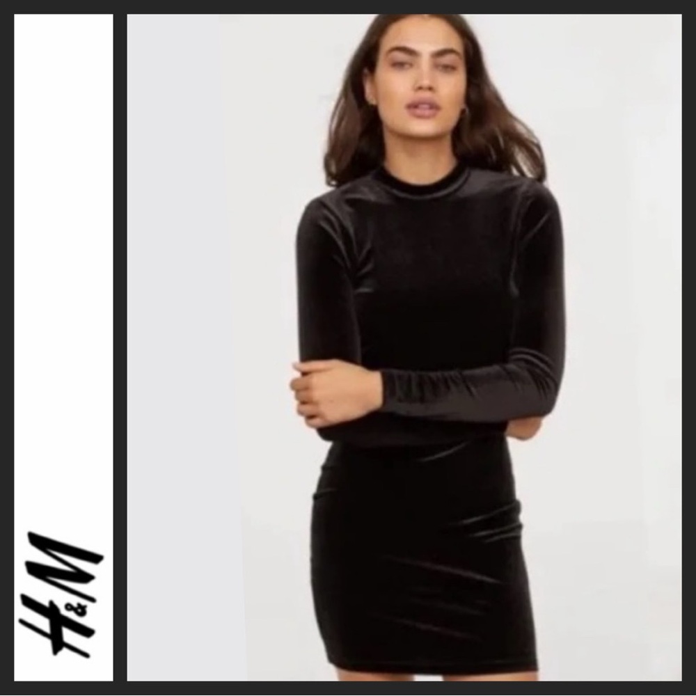NWT H&M Black Velvet Ruched Mini Dress
